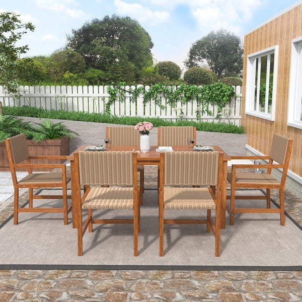 Wood And Rattan Outdoor Dining Table And Chairs For 6 People -  - 37506563