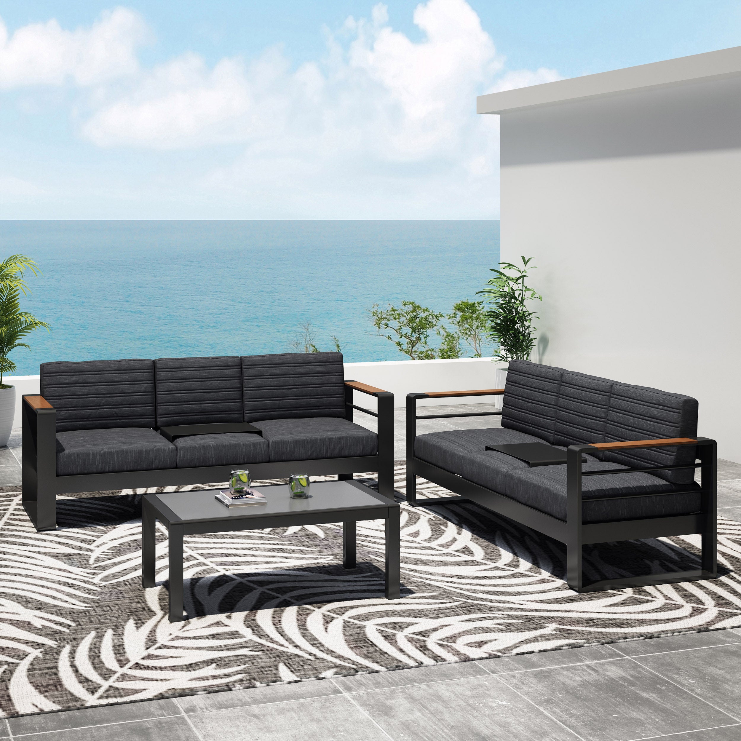 Neffs Outdoor Aluminum 6 Seater Chat Set with Water Resistant Cushions, Black, Natural, and Dark Gray