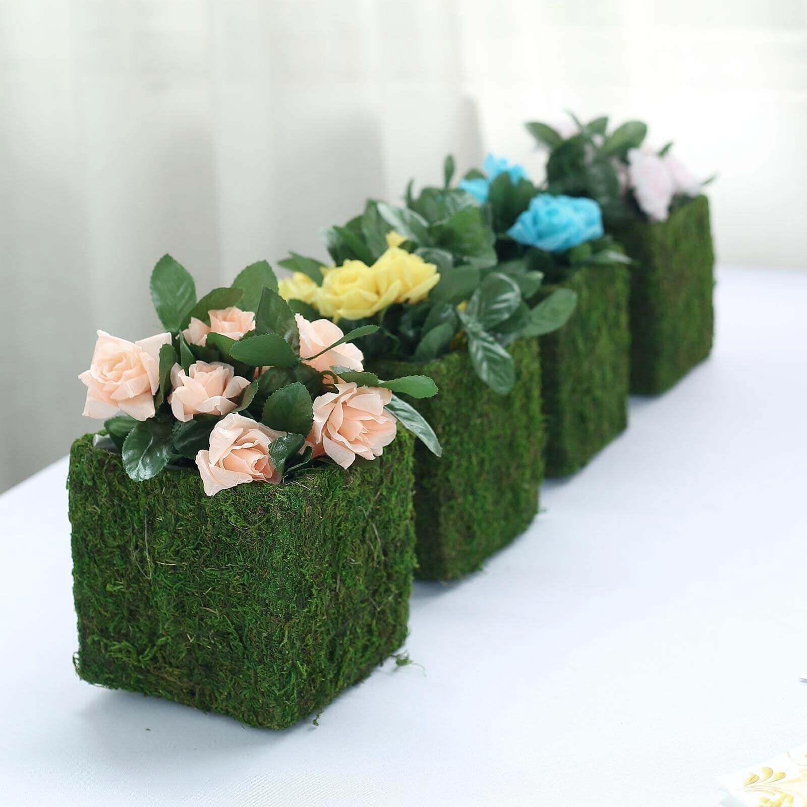 4 Pack Green Preserved Moss Covered Square Planter Boxes, Flower Baskets with Inner Lining 6