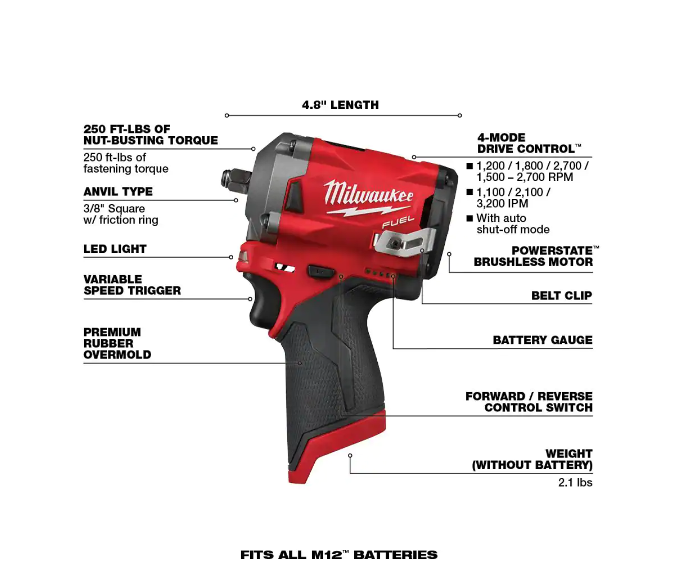 Milwaukee 2554-20-48-11-2420 M12 FUEL 12V Stubby 3/8 in. Lithium-Ion Brushless Cordless Impact Wrench with M12 2.0Ah Battery