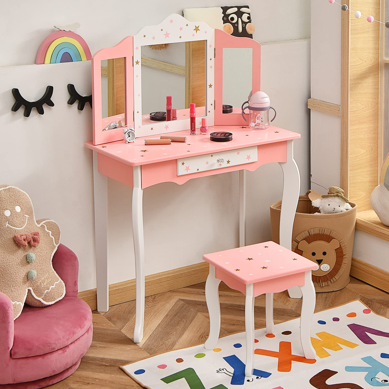 Costzon Kids Vanity Set with Mirror, 2 in 1 Princess Makeup Dressing Table w/Detachable Top