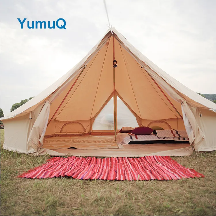 YumuQ 100% Cotton Canvas Luxury 10 Person 5m Heavy Duty Large Family Glamping Camping Bell Tent Outdoor For Sale