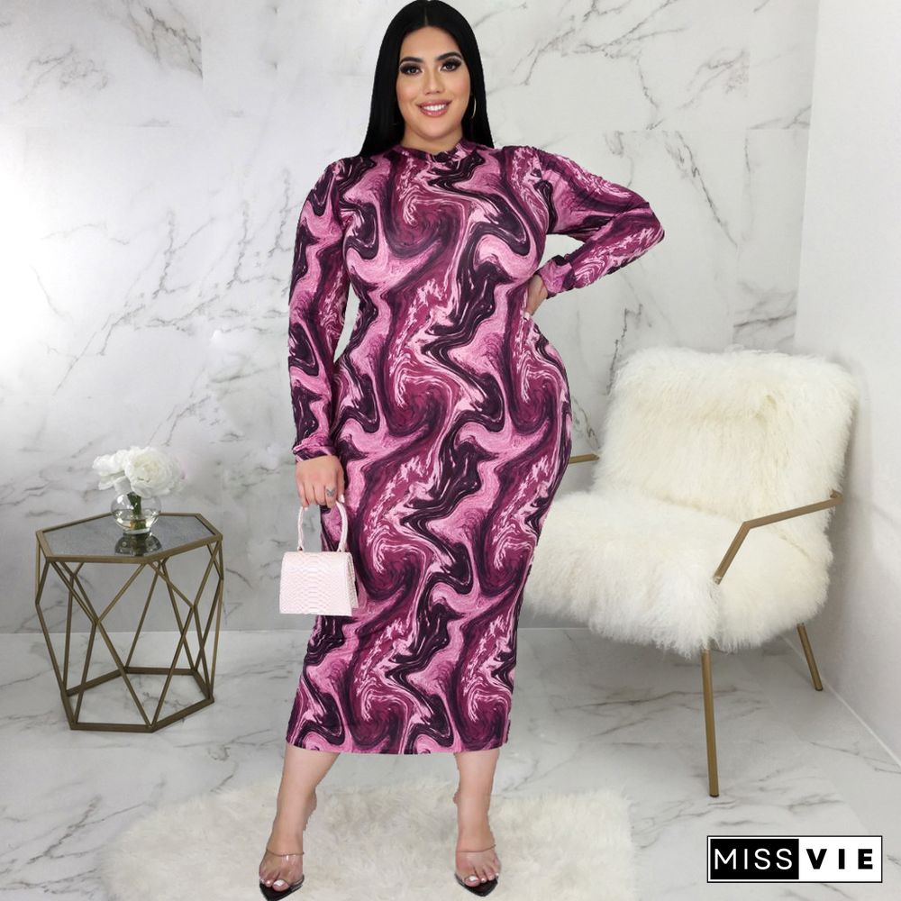 Autumn Vintage Tie Dye Print Plus Size Long Sleeve Women Bodycon Sexy Club Party Long Maxi Dress