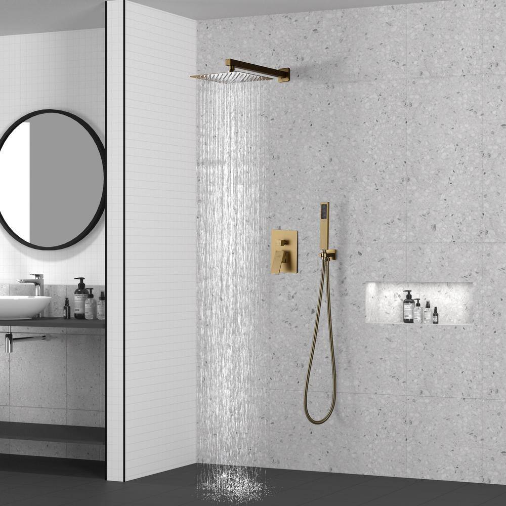 CASAINC 1-Spray Patterns with 10 in. Wall Mount Dual Shower Heads with Hand Shower Faucet in Brushed Gold (Valve Included) M6066-A-10-BG