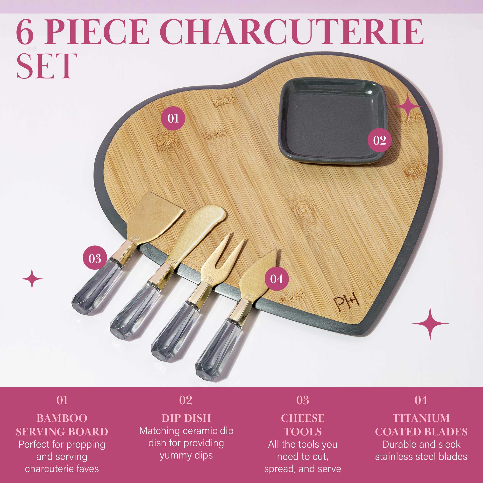 Paris Hilton 6-Piece Bamboo Heart Charcuterie Board and Serving Set， Charcoal Gray