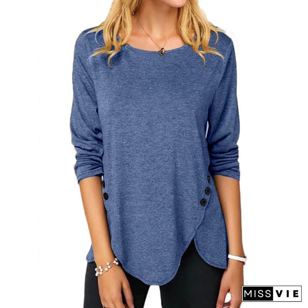 XS-8XL Fashion Clothes Autumn and Winter Tops Women's Causal Solid Color Irregular Shirts Round Neck Button Stitching Loose Blouses Ladies Plus Size Pullover Sweatshirts Long Sleeve Cotton T-shirts