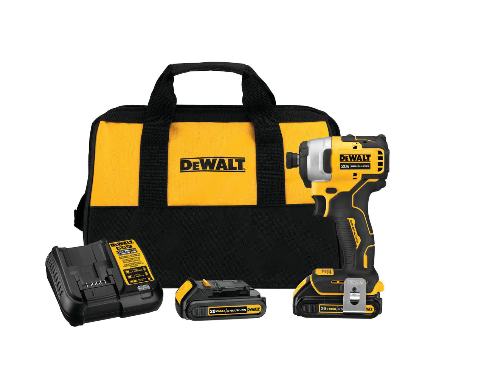 DEWALT DCF809C2 ATOMIC 20-Volt MAX Cordless Brushless Compact 1/4 in. Impact Driver， (2) 20-Volt 1.3Ah Batteries， Charger and Bag