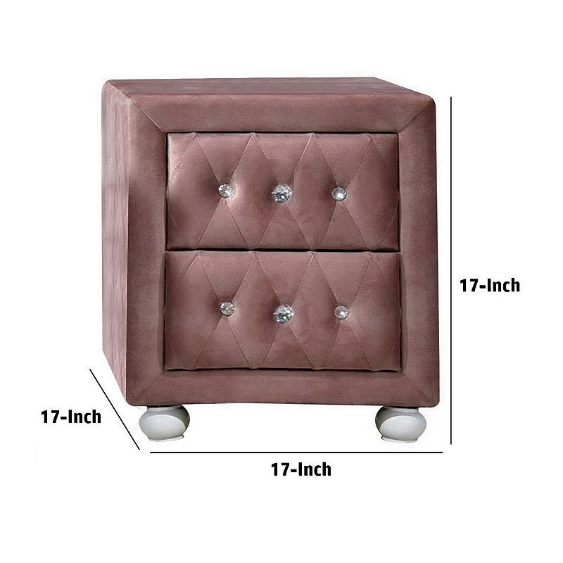 Rex 17 Inch Modern Upholstered Nightstand， 2 Drawer， Crystal Handles， Pink