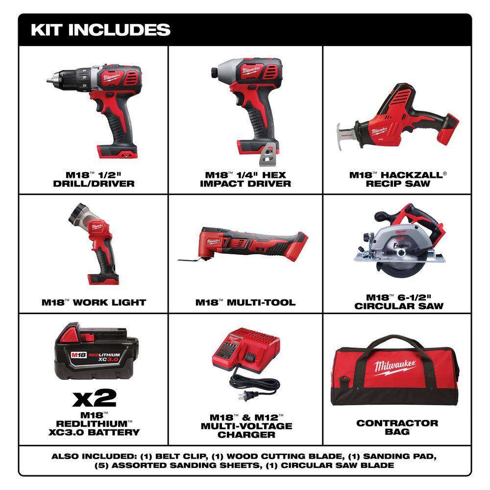 MW M18 18V Lithium-Ion Cordless Combo Kit (6-Tool) with Two 3.0 Ah Batteries 1 Charger 1 Tool Bag 2691-26