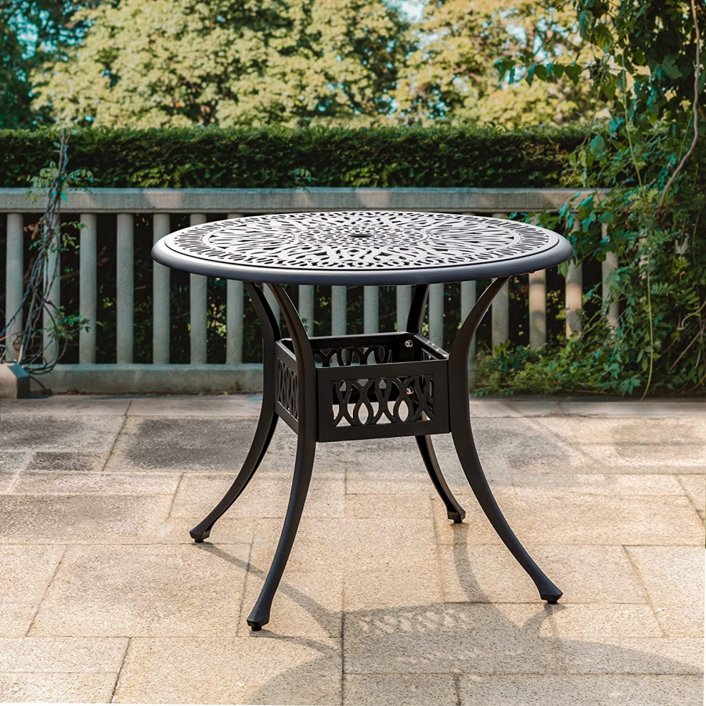 Patio Dining Table  Aluminum Construction With Unique Patterned Round Top  Black   Transitional   Outdoor Dining Tables   by Decor Love  Houzz