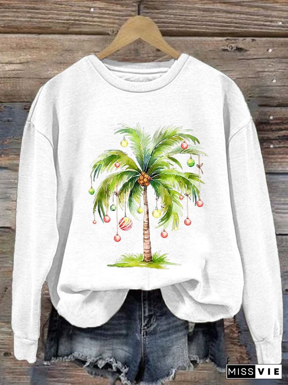 Women'S Casual Christmas Palm Tree Printed Long Sleeve Sweatshirt