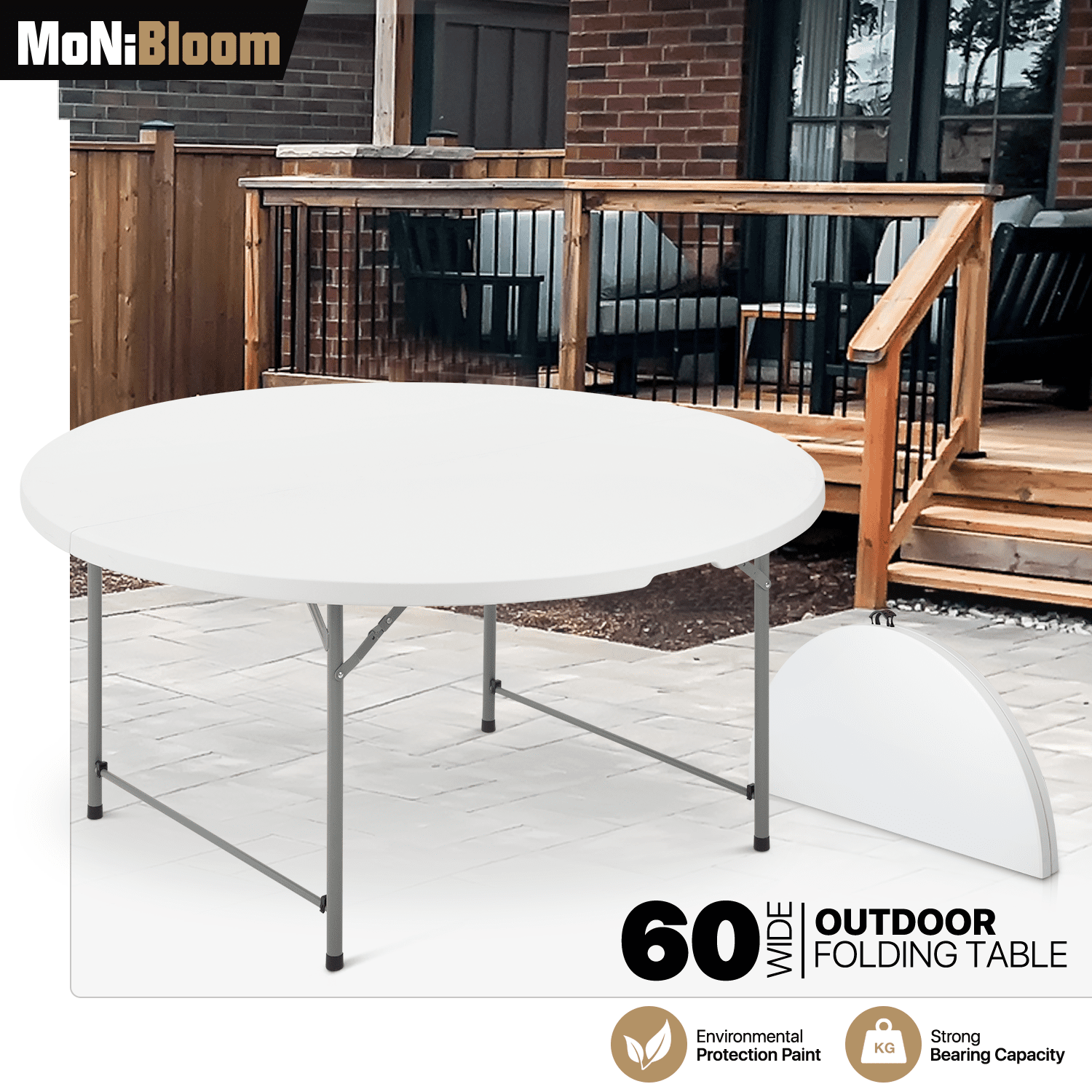 MoNiBloom 5 foot Bi-Fold Plastic Table, Foldable Round Indoor Outdoor Desk for Kitchen Party Wedding, White/Grey