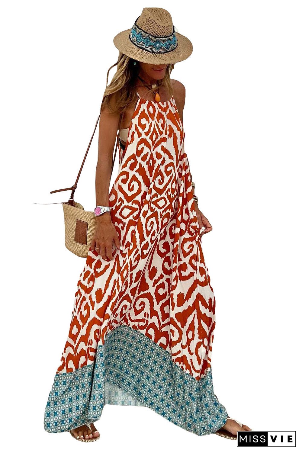 Orange Boho Geometric Print Sleeveless Maxi Dress