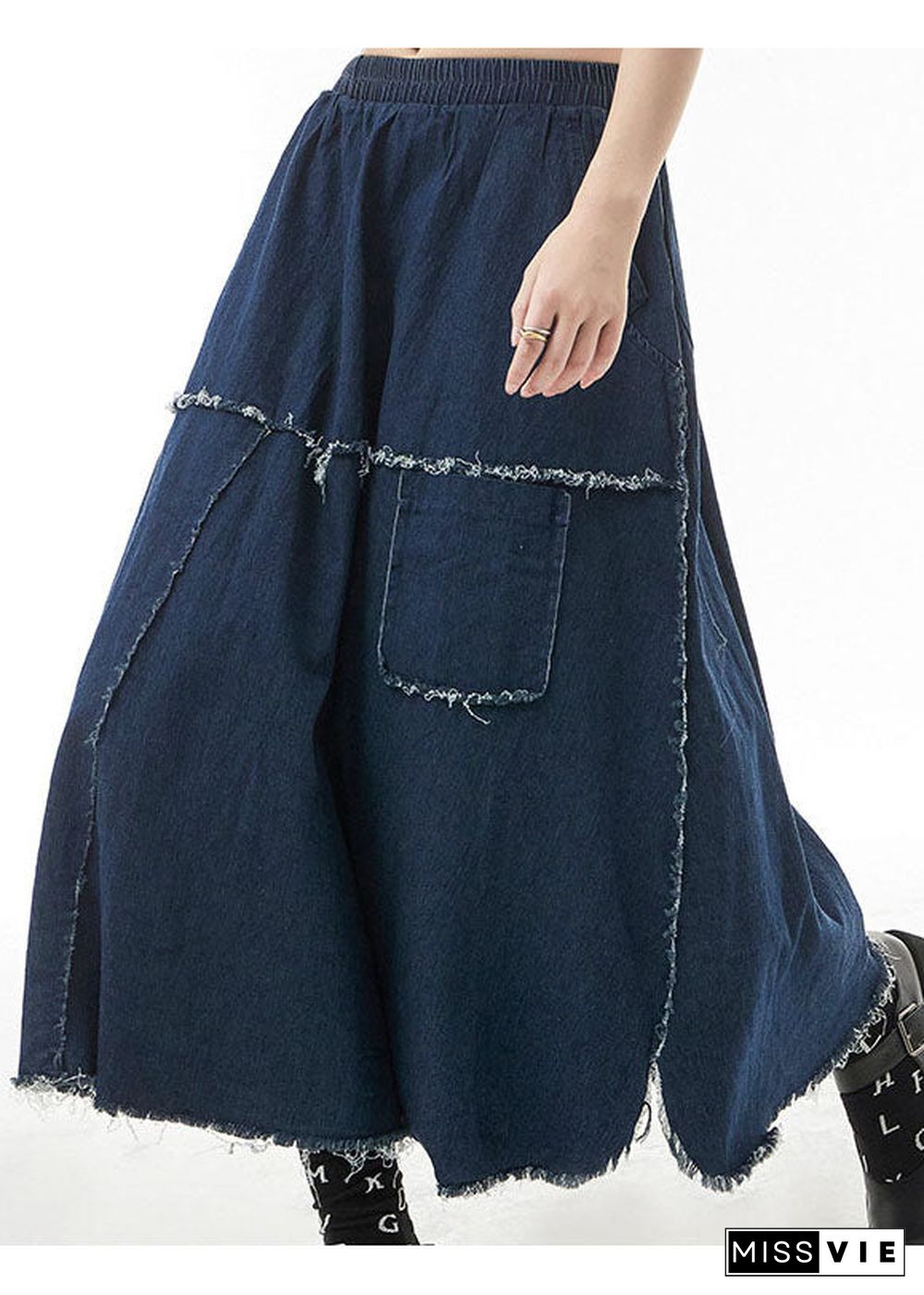 Unique Blue elastic waist side open Patchwork Skirts Spring