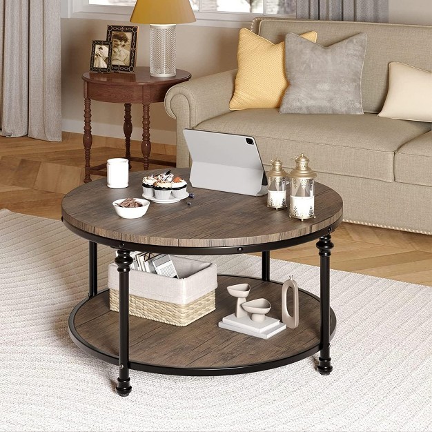 Trinity Round Coffee Table For Living Room Rustic Center Table With Storage Shelf