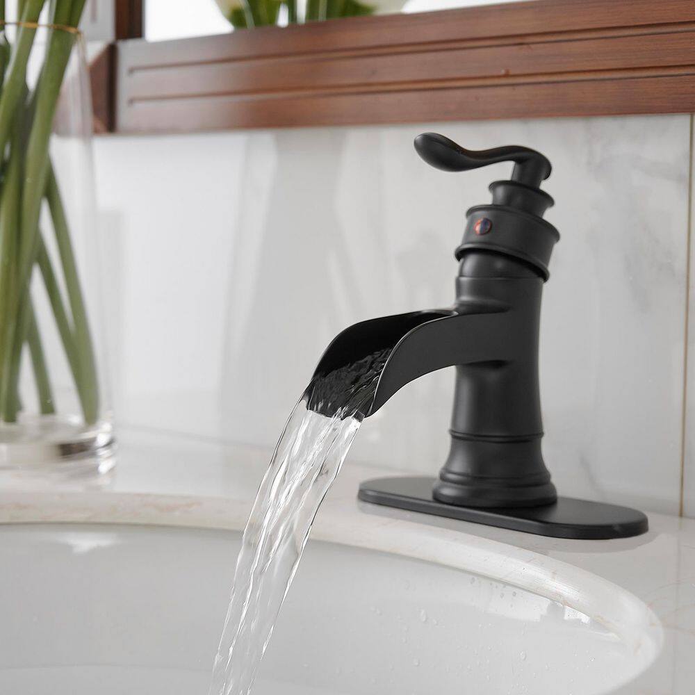 BWE Waterfall Single Hole Single-Handle Low-Arc Bathroom Faucet With Pop-up Drain Assembly In Matte Black A-96556-Black