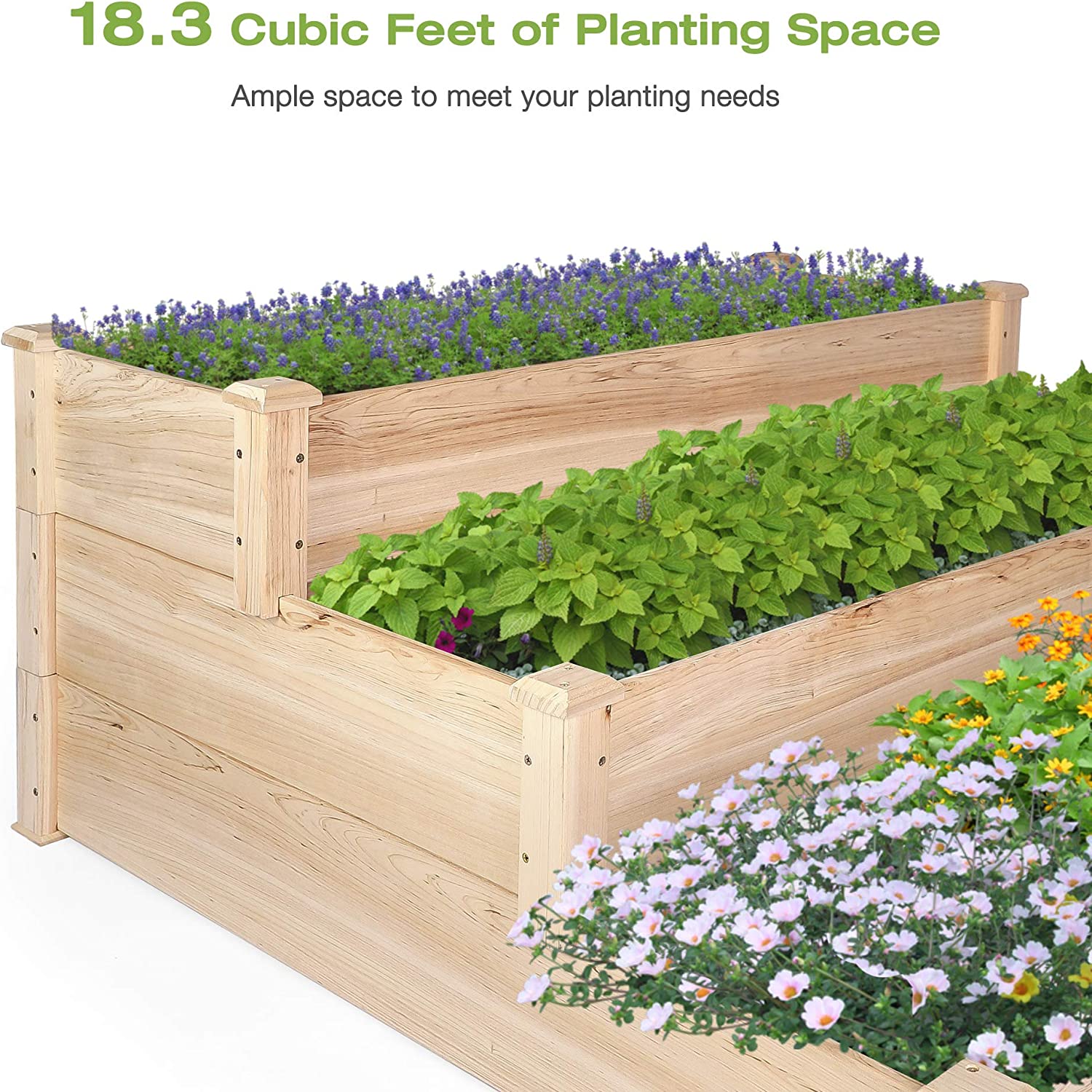 3 Tier Raised Garden Bed, Outdoor Wood Elevated Garden Bed Kit Planter Box for Growing Vegetable Flower Herb