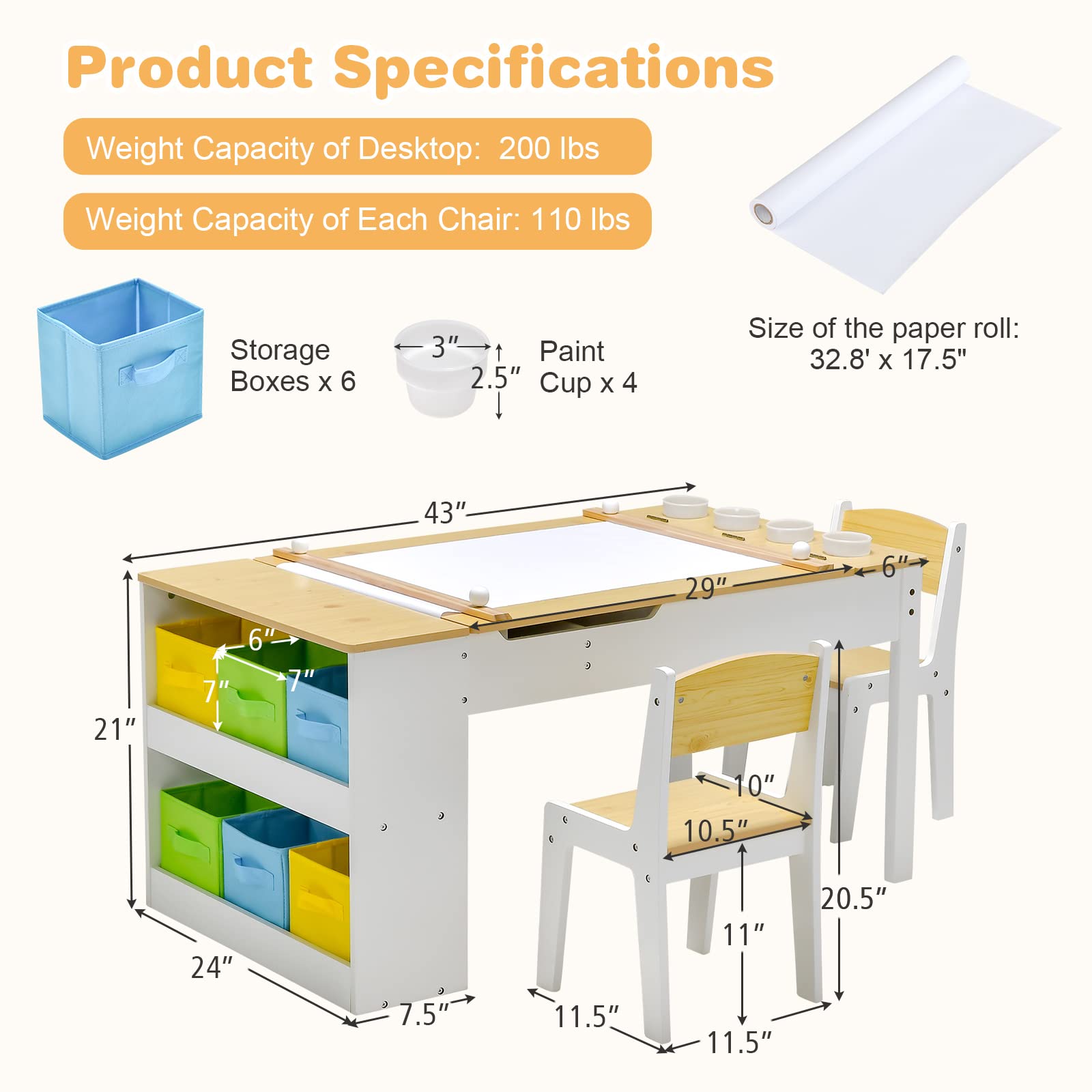 Costzon 2 in 1 Kids Table and Chair Set, Wood Art Table & Easel Set with 2 Chairs, 6 Storage Bins, Paper Rolle (Natural)