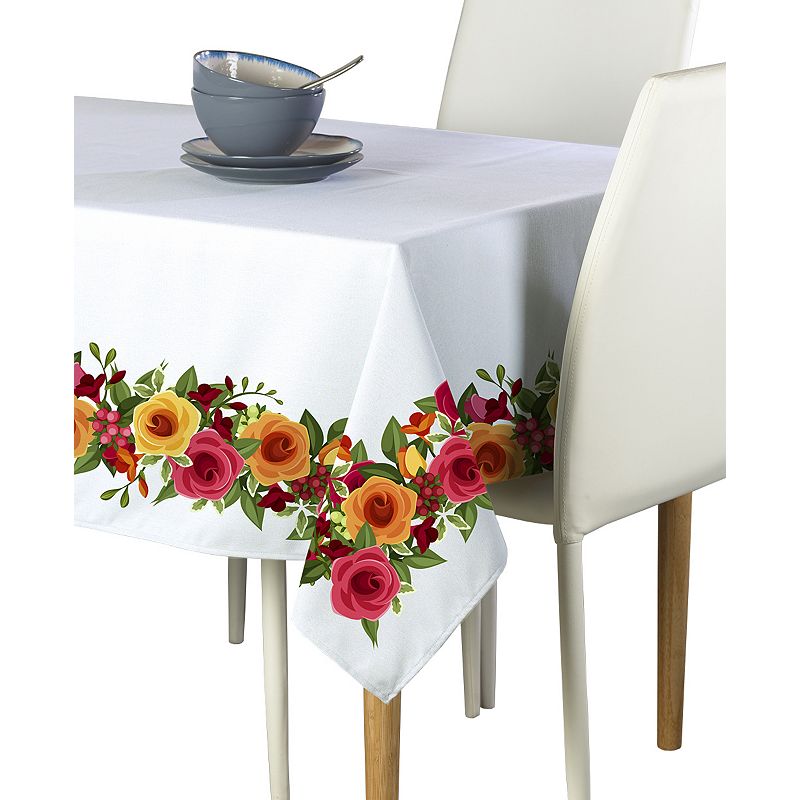 Square Tablecloth， 100% Polyester， 54x54， Red and Yellow Roses Garland