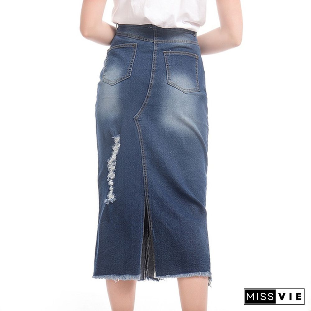 Women Fashion High Waist Ripped Denim Skirt Distressed Jeans Skirts Street Style Destroyed Bodycon Skirts