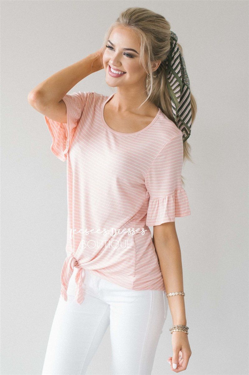 Striped Ruffle Sleeve & Tie Front Top