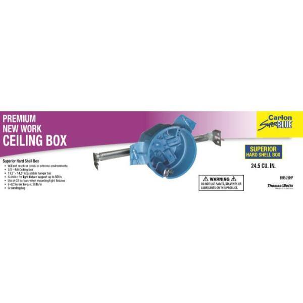 Carlon 4 in. 24.5 cu. in. Hard Shell PVC New Work Electrical Ceiling Box with Adjustable Hanger Bar and Ground Lug BH525HP