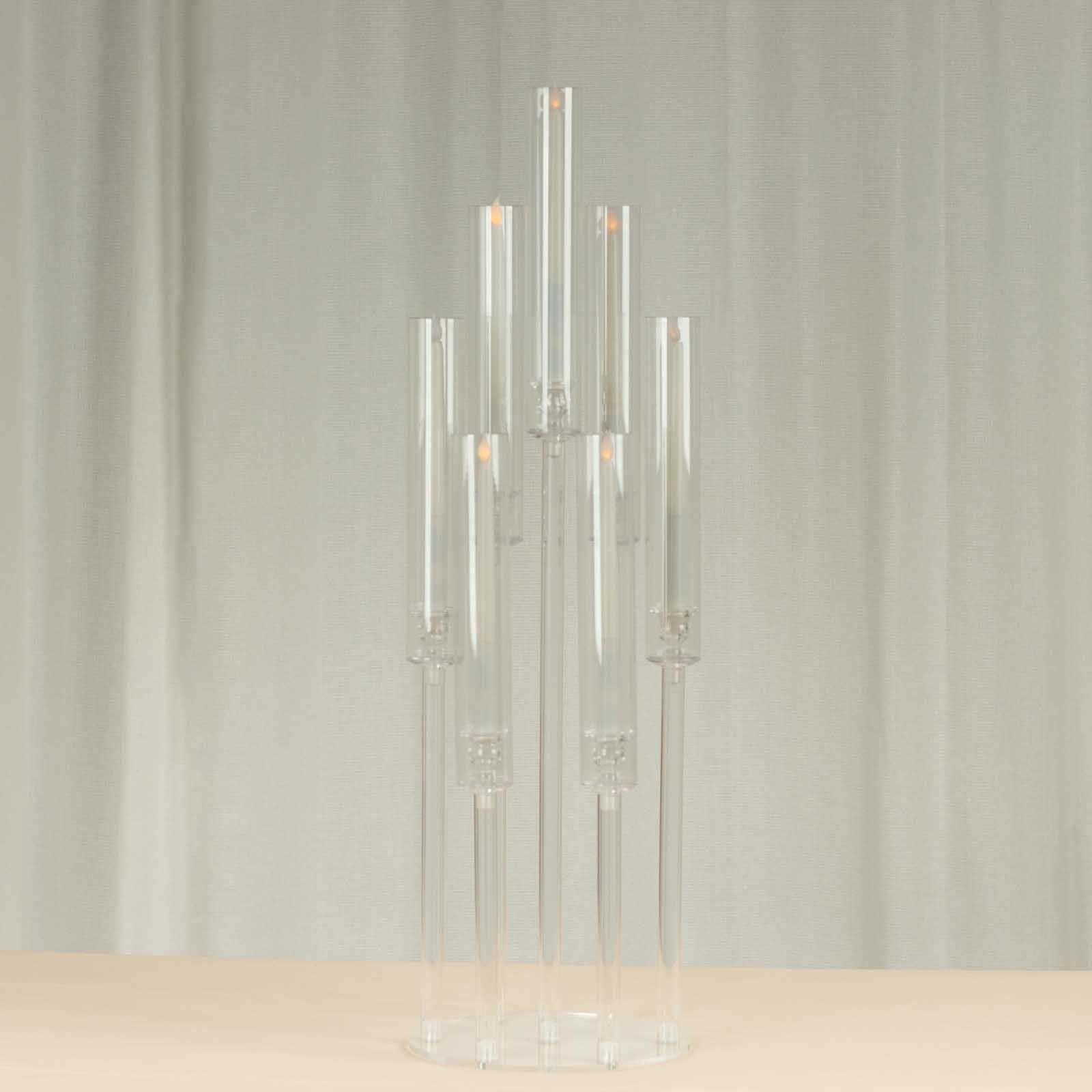 7 Arm Clear Acrylic Cluster Round Taper Candle Holder Candelabra, Pillar Candle Stick Stand With Circular Base - 33