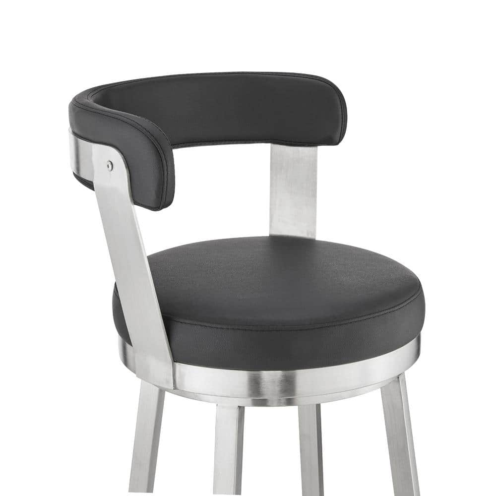 Armen Living Kobe 30 in. Bar Height Low Back Swivel Bar Stool in Brushed Stainless Steel and Black Faux Leather 721535761791