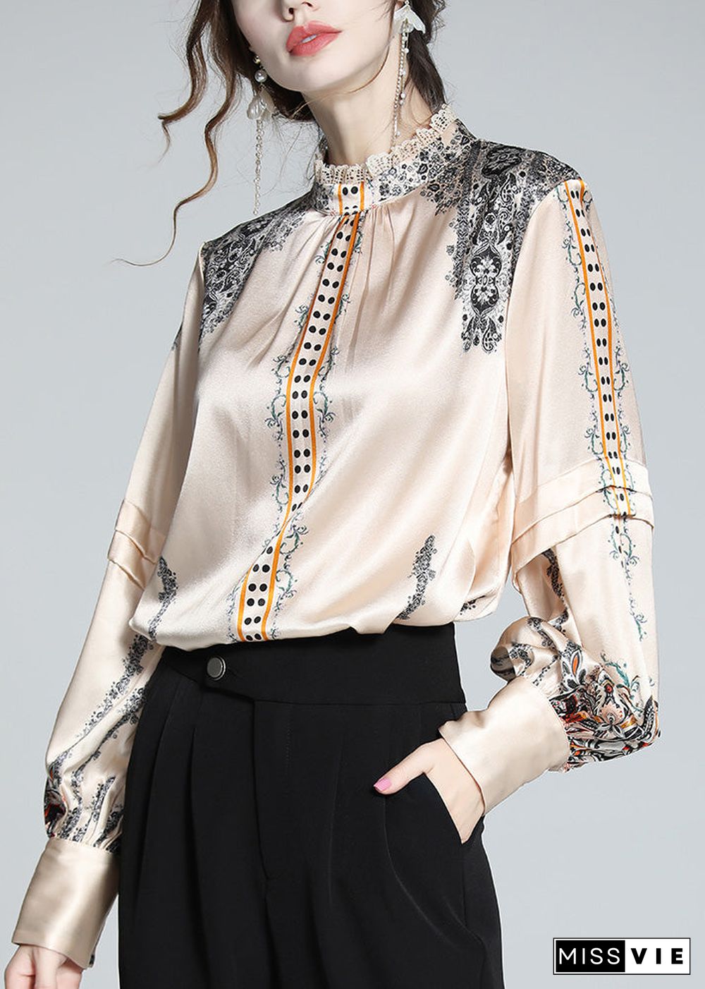 French Stand Collar Print Lace Patchwork Silk Shirt Spring