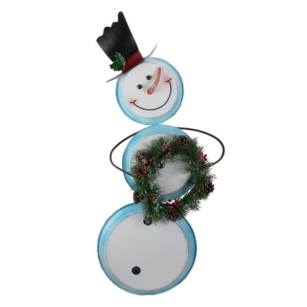 36 White and Blue Metal Snowman with Wreath Christmas Floor Decoration