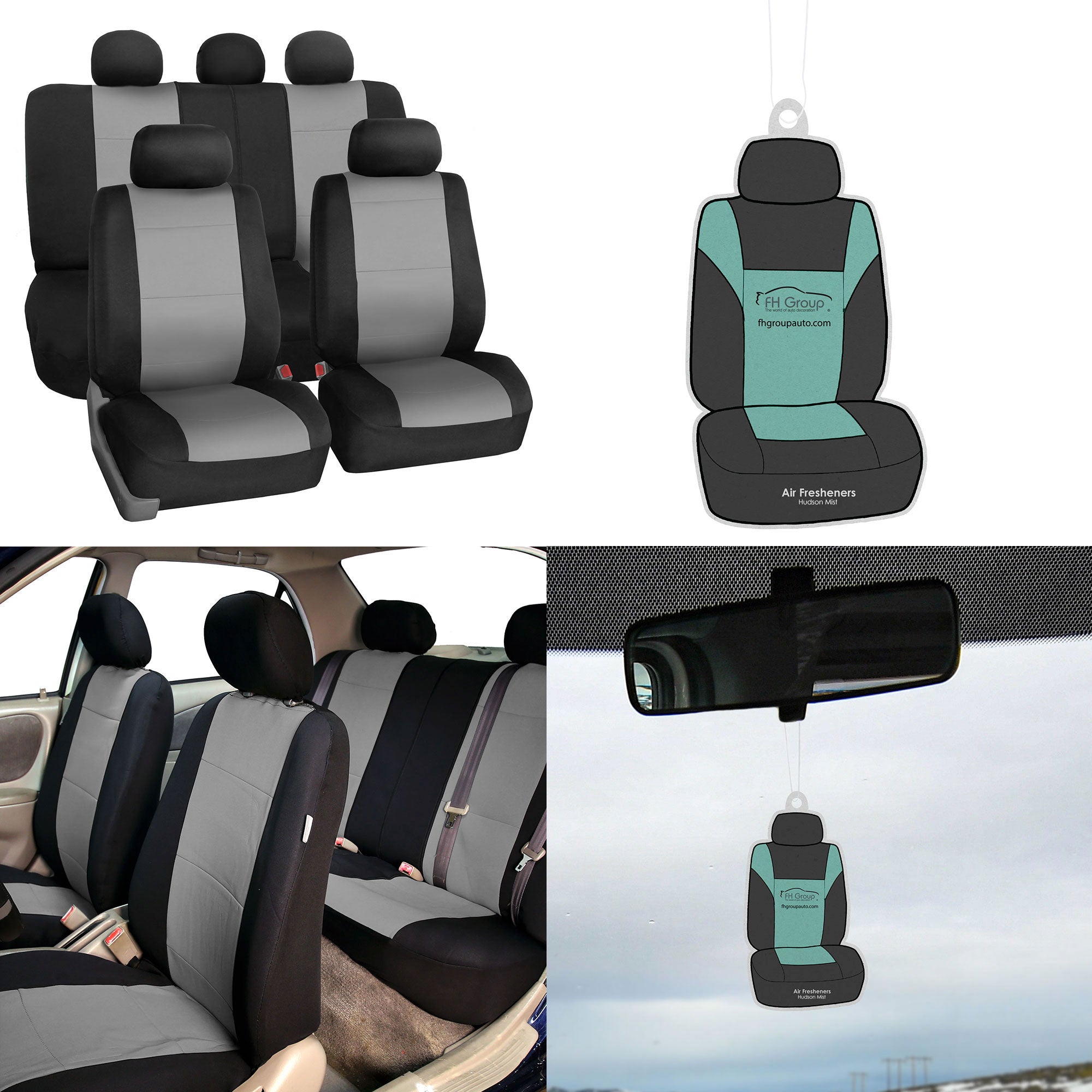 FH Group Neoprene Seat Covers for Auto Car Sedan SUV Van Full Set Gray Black with Free Air Freshener