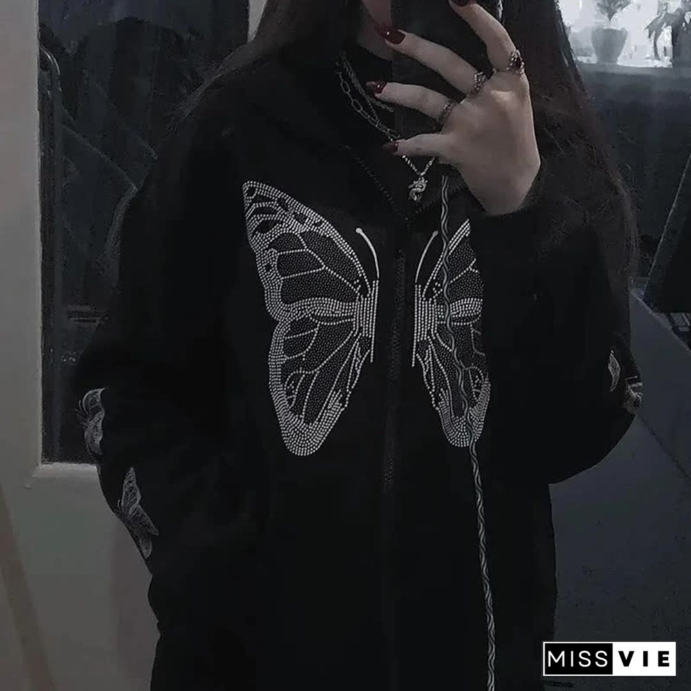 Dark Butterfly Skeleton Print Full Zip Hooded Sweatshirt