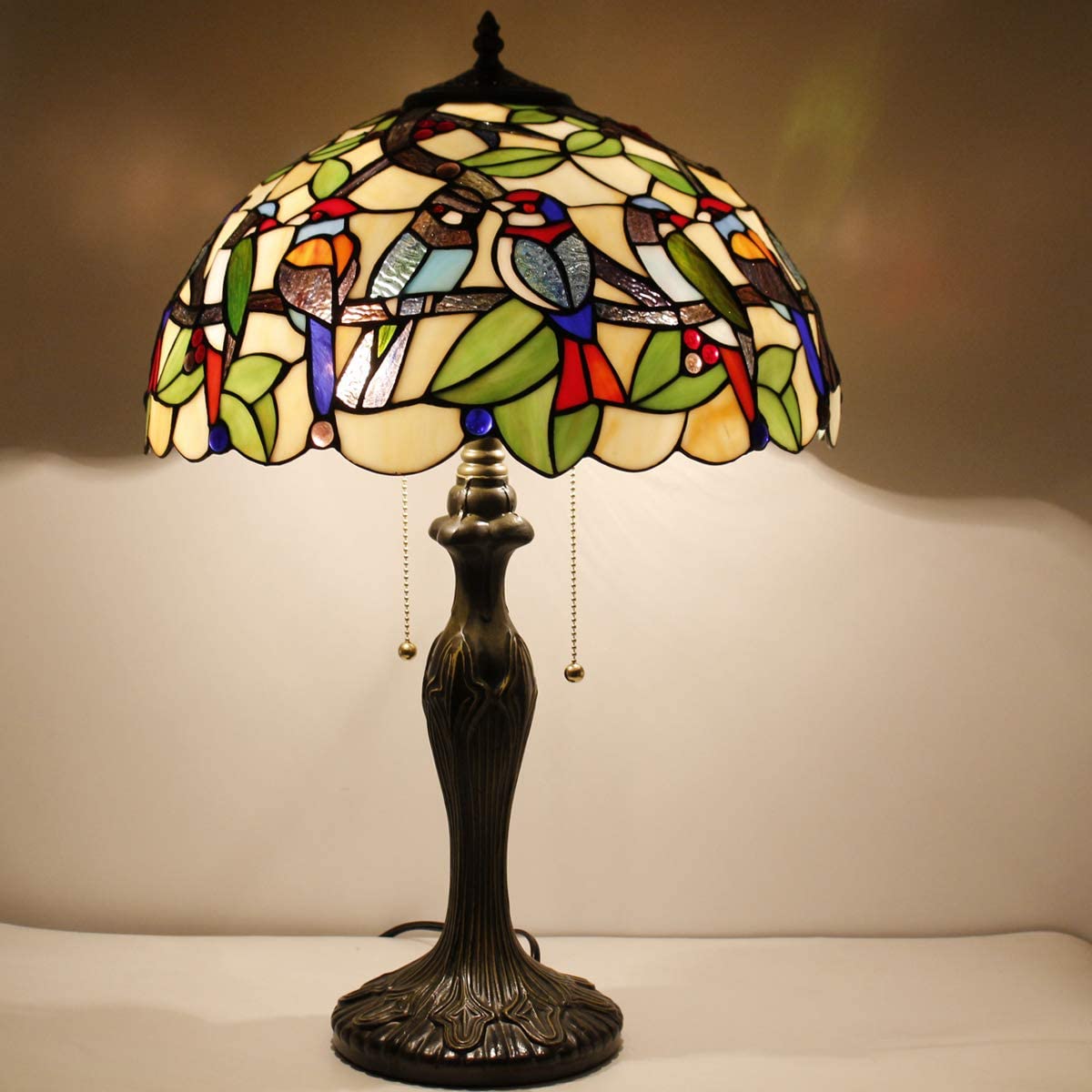 Tiffany Table Lamp Colorful Stained Glass Birds Bedside Lamp 16X16X24 Inches Desk Reading Light Metal Base Decor Bedroom Living Room Home Office S805 Series