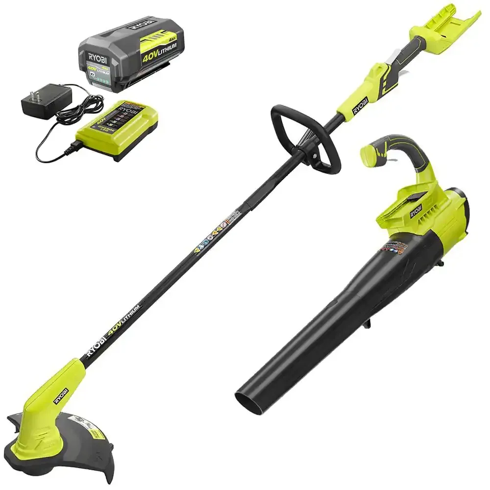 Ryobi 40V Cordless Battery String Trimmer And Jet Fan Blower Combo Kit (2-Tools) with 4.0 Ah Battery and Charger