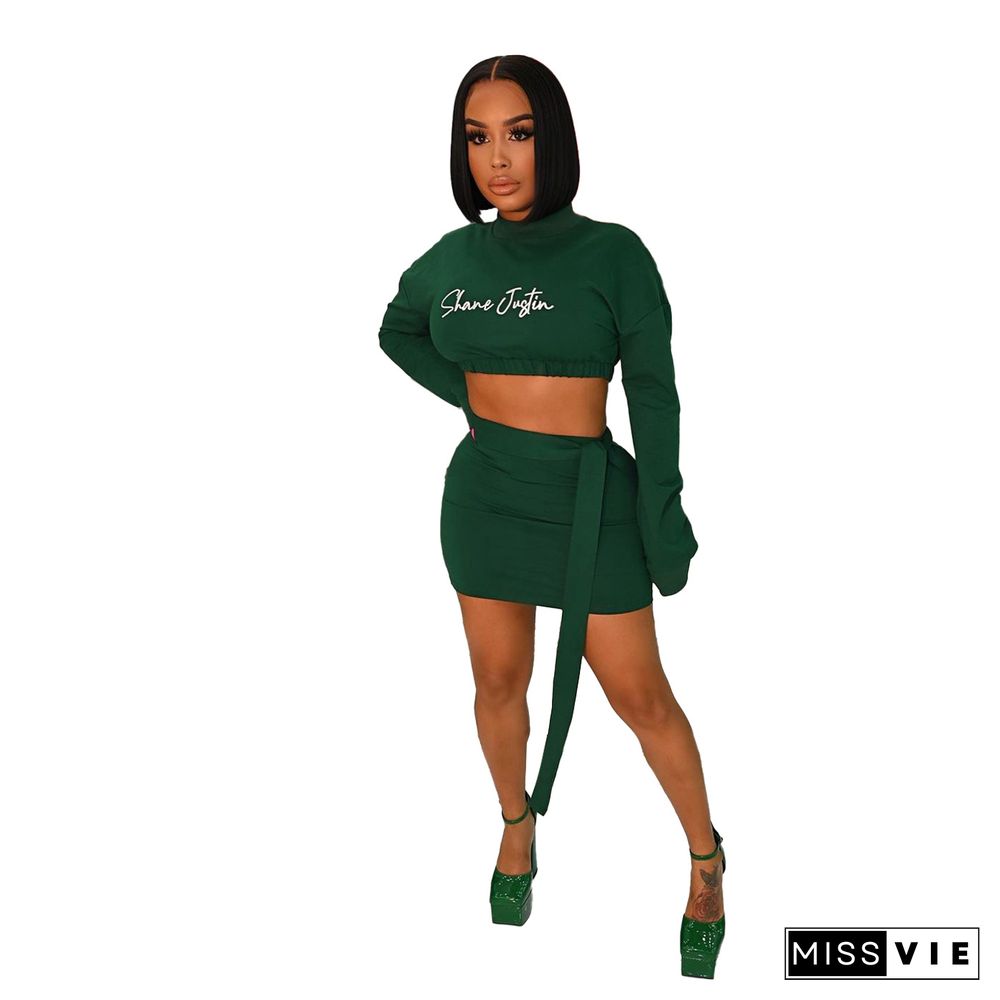 Embroidery Long Sleeve Crop Top Mini Skirt Set