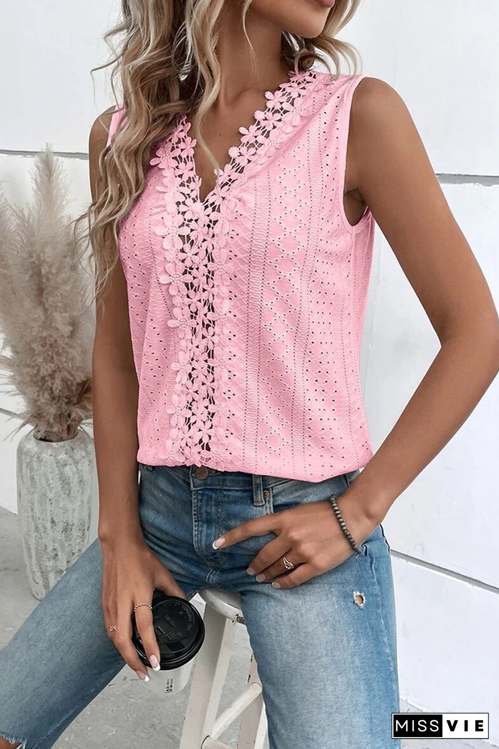 V Neck Jacquard Eyelet Tank Top