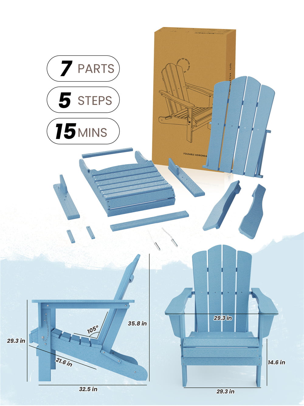 VOUA Folding Adirondack Chair Resin Outdoor Patio Furniture, Light Blue