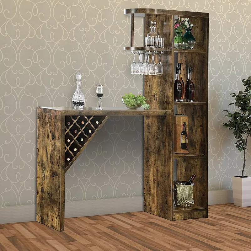 Wooden Bar Unit With Open Compartments and Diagonal Wine Section， Brown