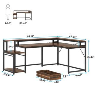 TRIBESIGNS WAY TO ORIGIN Perry 68 in. L Shaped Brown Wood 1-Drawer Computer Desk with Power Outlets and Monitor Stand C-G073