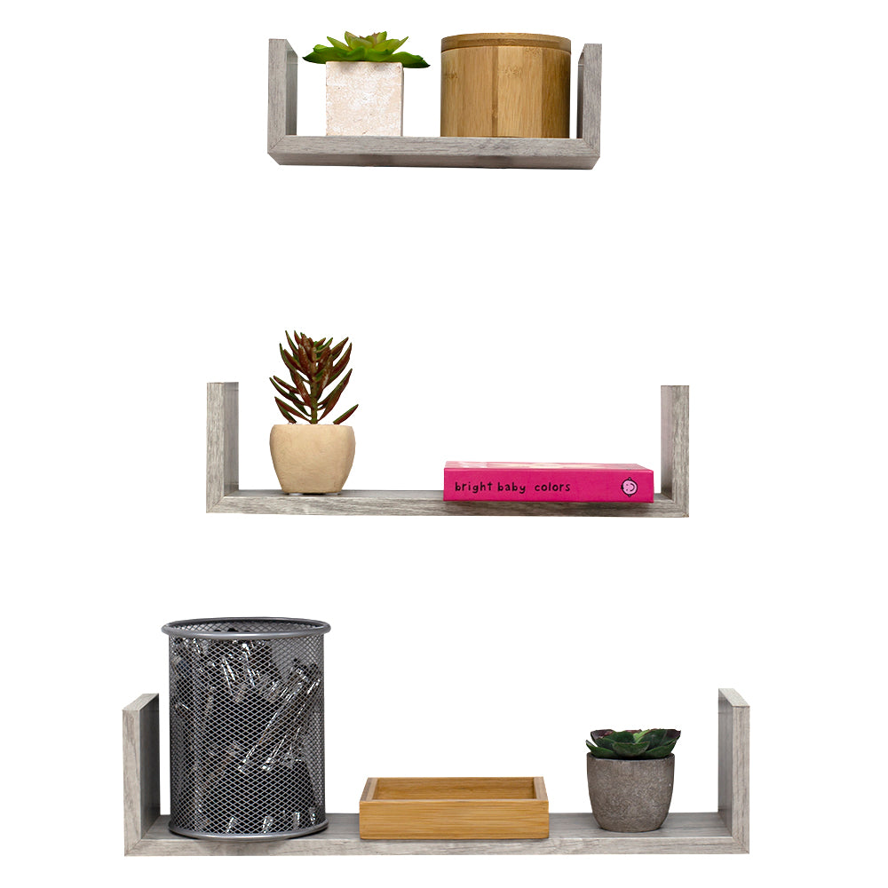 Home Basics Floating Wood Shelf, (Set of 3), Grey