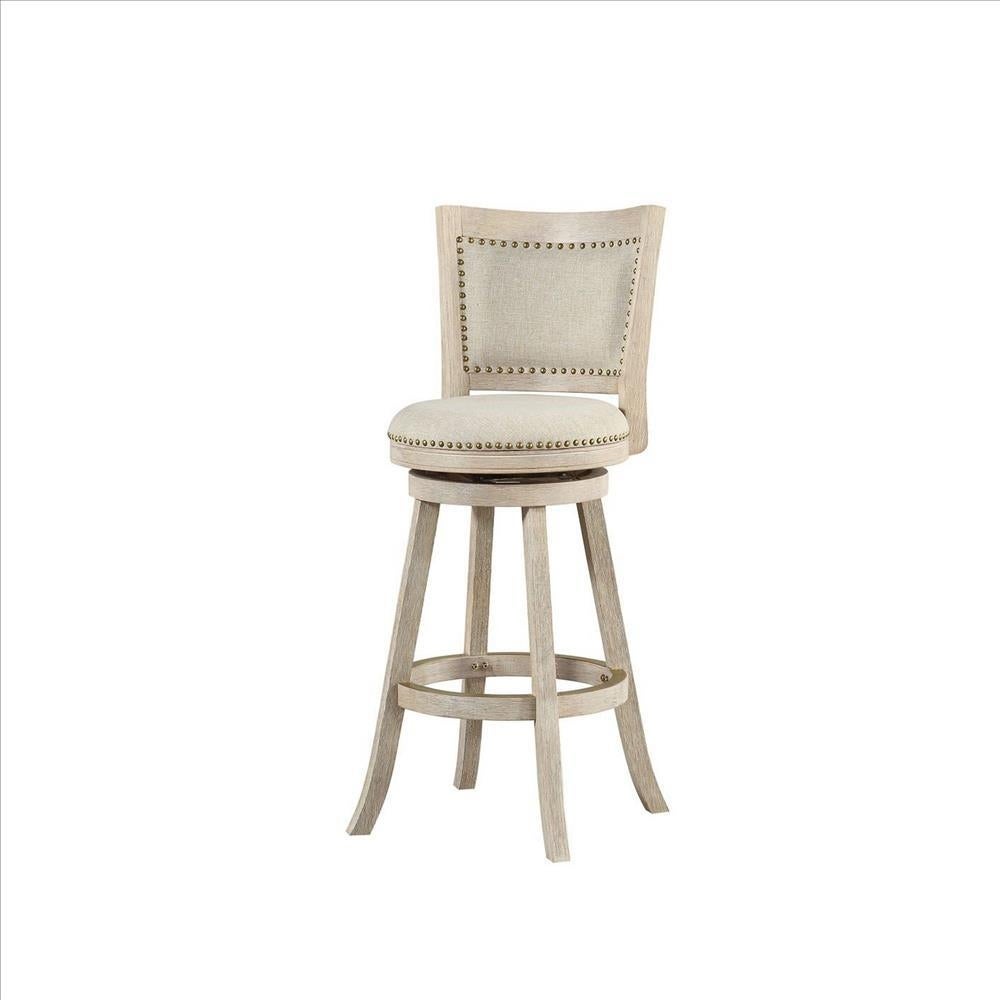 29 Inch Curved Back Wooden Swivel Bar Stool with Nailhead Trim， Gray - 43.5 H x 18 W x 21.5 L Inches