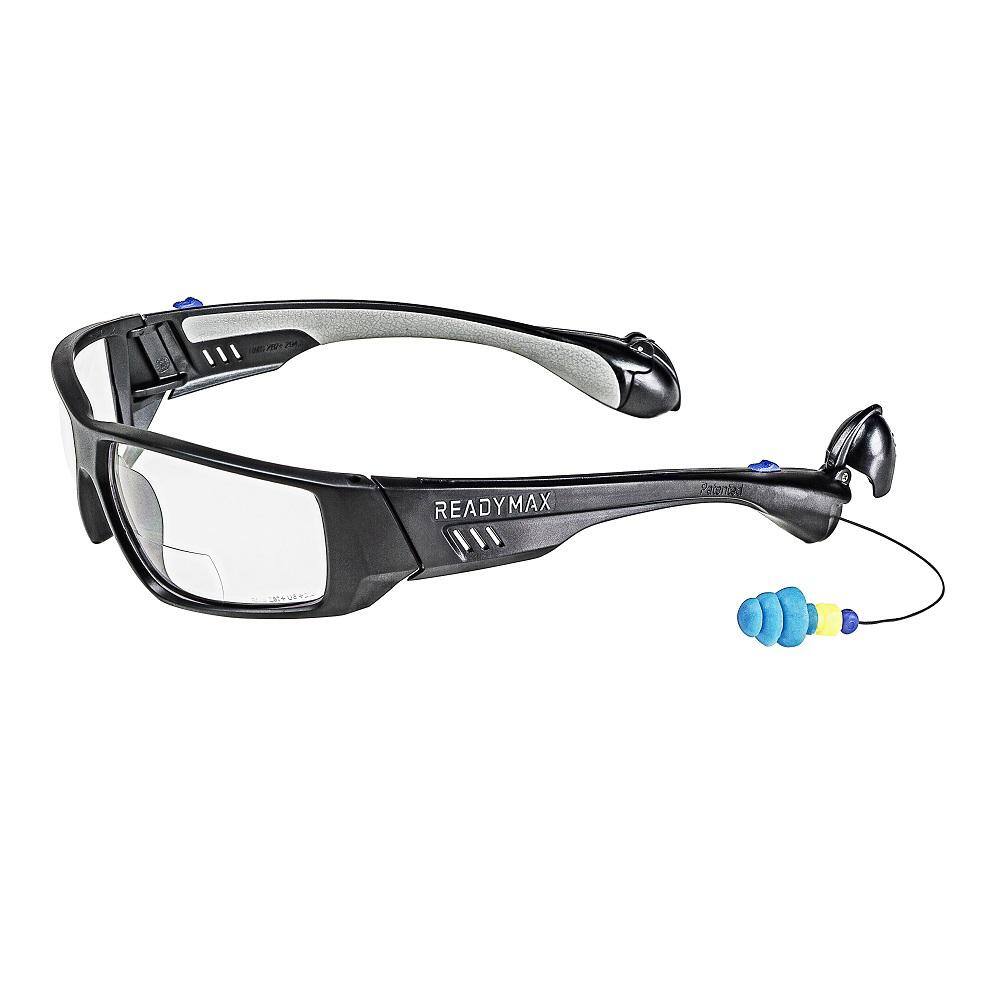 SoundShield Pro Series 1 Safety Glasses Black Frame Bi-Focal 2.0 Clear Lens with Built In NRR 27 db TPR PermaPlug Earplugs GLPS1-BF