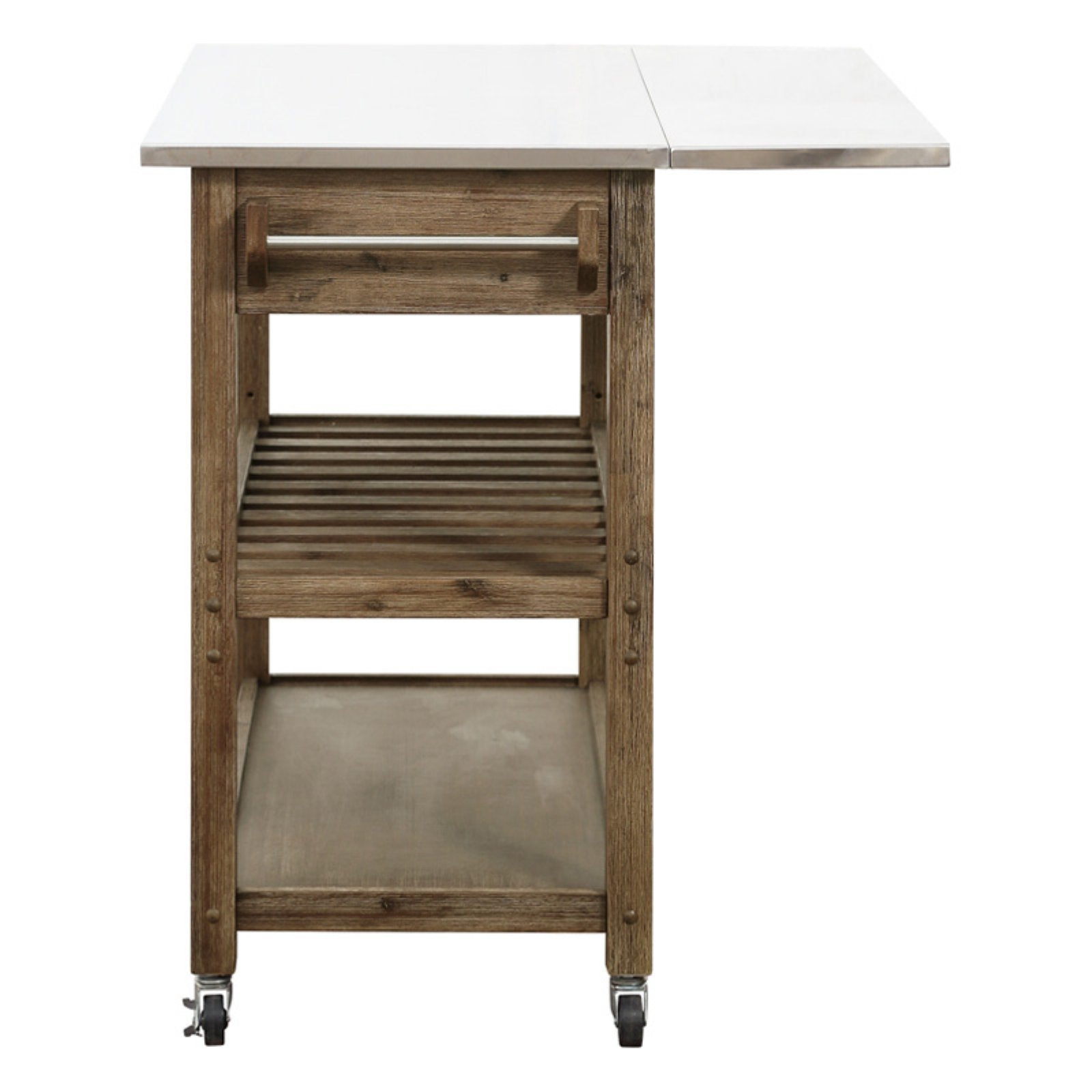 Boraam Sonoma Drop Leaf Wood Kitchen Cart with Stainless Steel Top - Barnwood Wire-Brush Finish