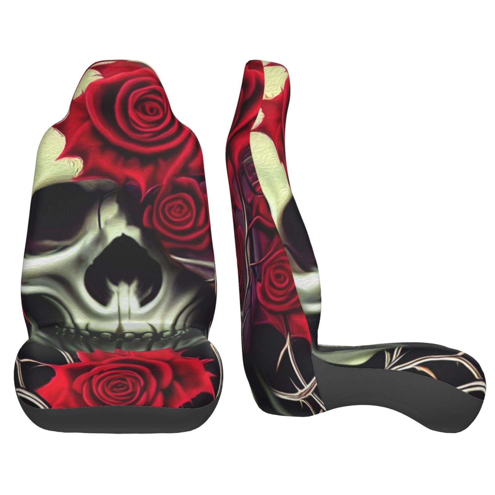 TEQUAN Front Seat Covers， Horror Gothic Death Skull Roses Pattern 2 Piece Car Seat Cover Fit Most Car SUV Truck Van