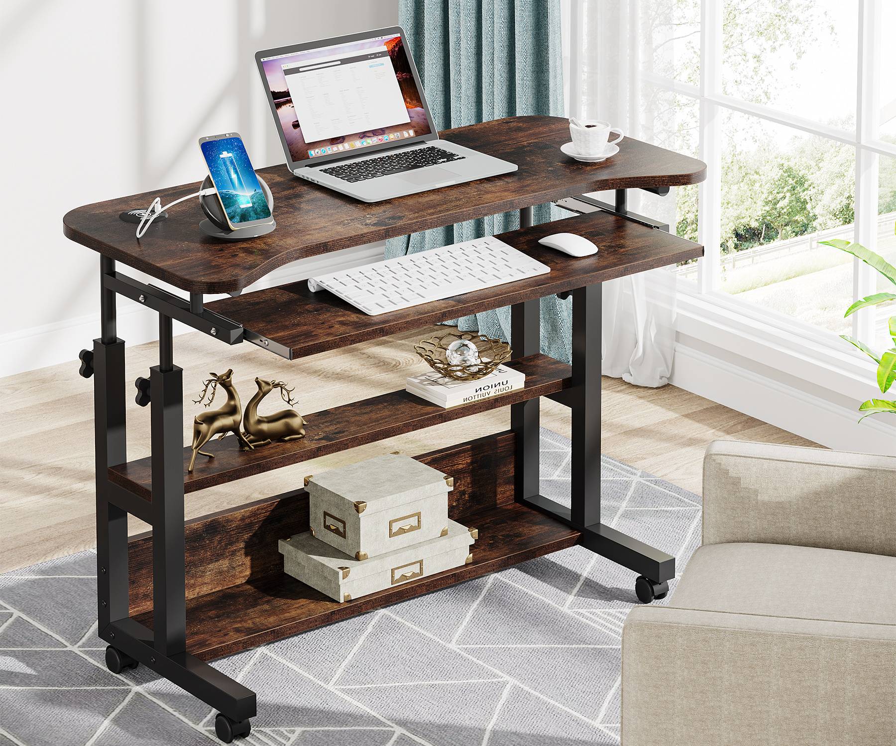 Height Adjustable Desk, Mobile Portable Desk with Wireless Charging Station