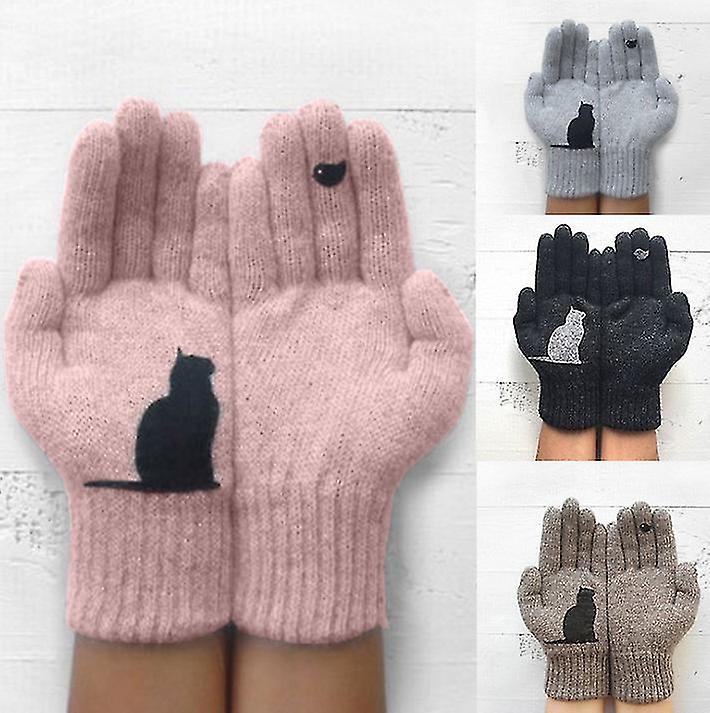 Women's Gloves Winter Warm Cold Cashmere Gloves Thick Cartoon Cat Print Wool Knitted Full Finger Gloves2setgrey+pink