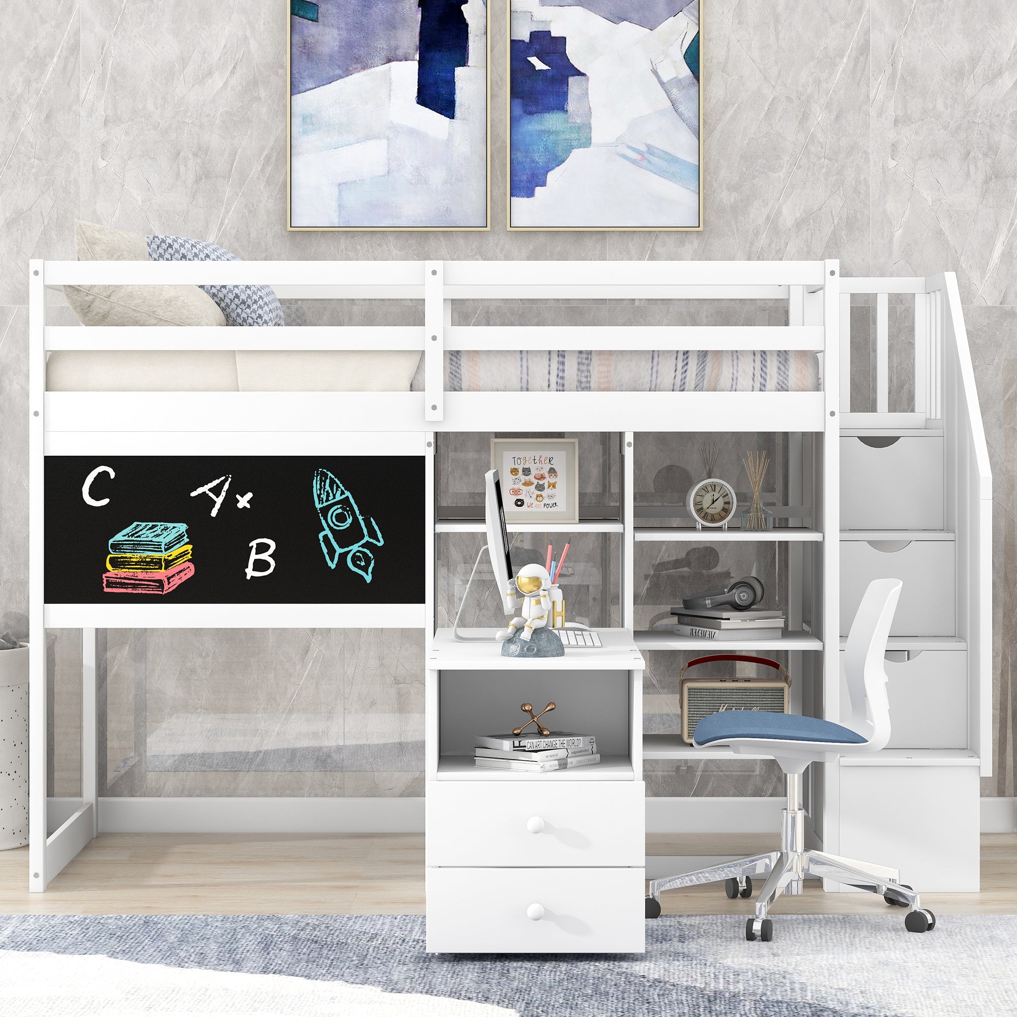 Pine Wood Loft Bed with Storage Staircase, Desk, Drawers and Blackboard for Kids, Twin, White