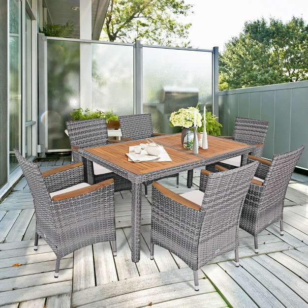 Costway 7pcs Patio Rattan Dining Set Acacia Wood Table Cushioned Chair Mix Gray