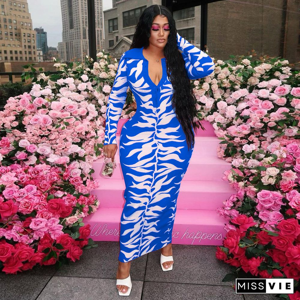 5XL Long Sleeve Print Elegant Plus Size Dresses