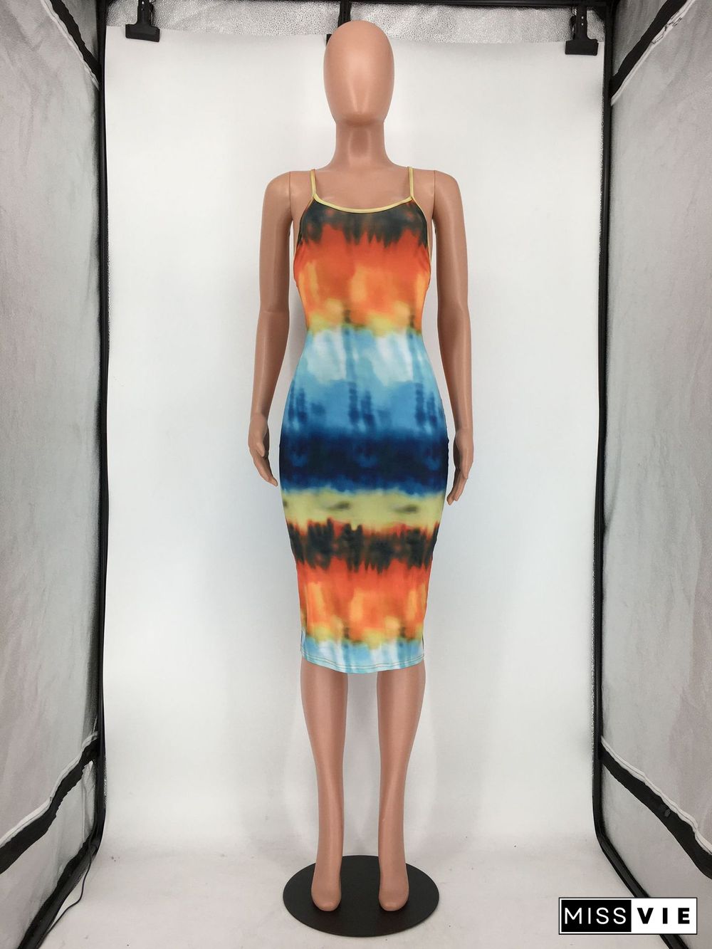 Tie Dye Print Spaghetti Strap Backless Bodycon Dress